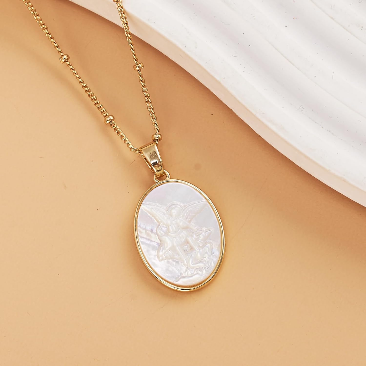 Archangel Michael Necklace Gold - St Michael Pendant Mother of Pearl Shellfish,Saint Michael Religious Protection Victory Amulet,Catholic Christian Jewelry Gift for Women Men - Image 2