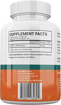 KRK Supplements Choline Bitartrate 900mg, Brain and Focus, 90 Capsules
