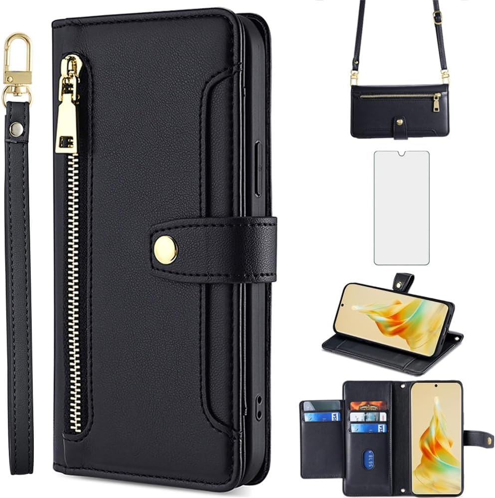 Phone Case for OPPO Reno 8T 5G/A1 Pro Wallet Cover with Tempered Glass Screen Protector and Zipper Card Holder Slot Kickstand Cell Accessories Flip Reno8T Reno8 8 T G5 A1Pro Women Men Black