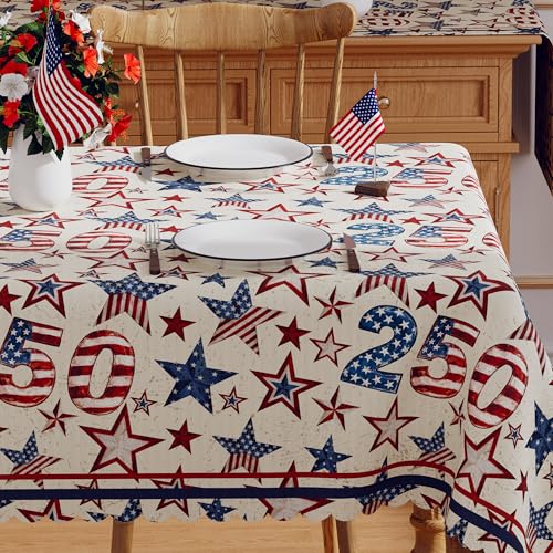 4th of July Tablecloth Rectangle 60x84 Inch, 250 Anniversary USA Merchandise Patriotic Decorations Washable America Memorial Day 250 Blue Red Stars Table Cloth Waterproof Scalloped Edge Table Cover by Siilues - Used condition - Image 7