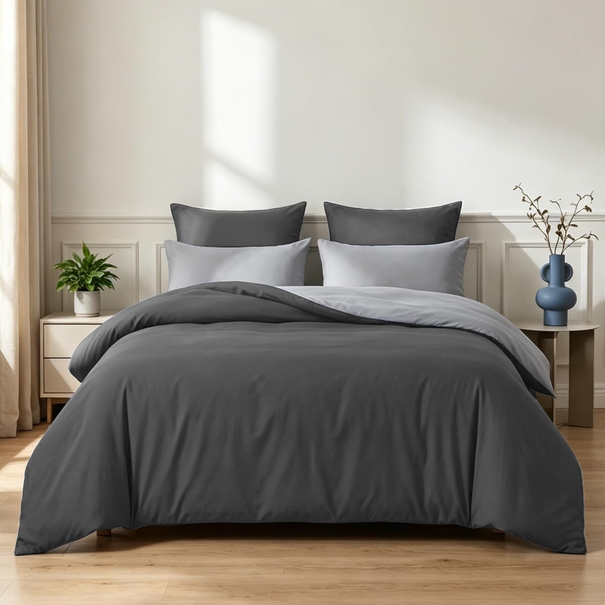 Soifox King Size Duvet Cover Sets Dark Grey and Grey, 3 Piece Microfiber Reversible King size Bedding Bed Sets, Soft and Non Iron Quilt Duvet Covers with 2 Pillowcases 50x75cm โ image 1