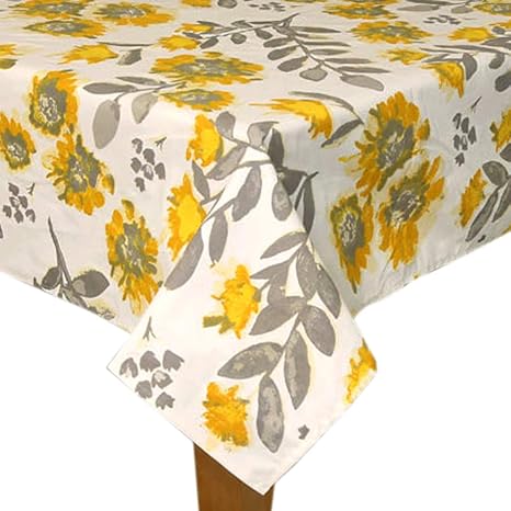 Bilberry Furnishing By Preeti Grover Cotton, Decorative Hand Made Multicolor(4.8 Feet Long) Square 4 Seater Cotton Rectangular Dinning Table Cloth Washable, Yellow, Grey