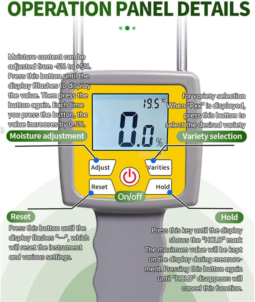 Digital Grain Humidity Tester, Portable Dual Probe Hay Moisture Meter with Temperature & Humidity Compensation, ±0.5% Measurement Accuracy and 0~84% Measuring Range for Monitoring Hay Quality
