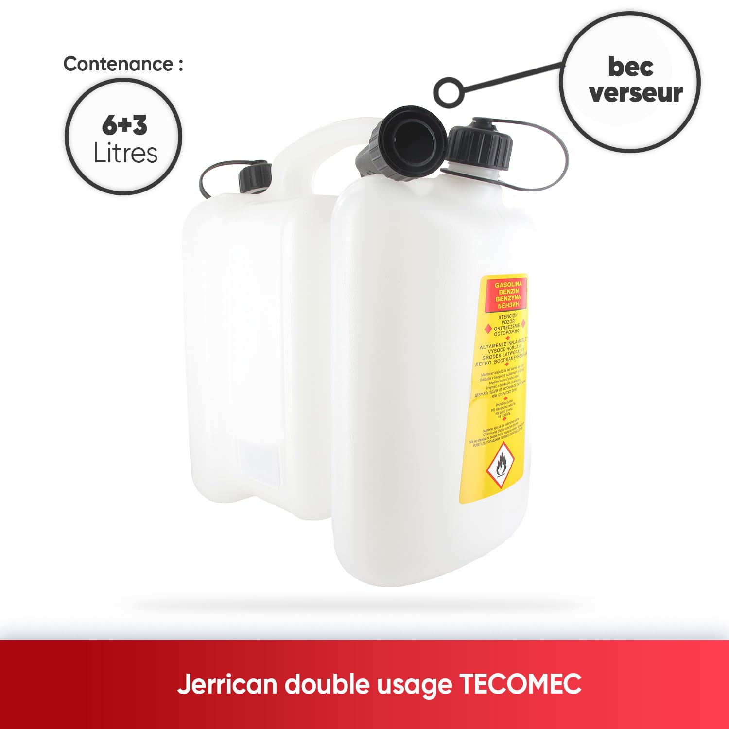 TECOMEC - Jerrican 3L + 6L- Jerrican Plastique Double Usage avec Bec Verseur - Norme UN Pour Transport de Matières Dangereuses