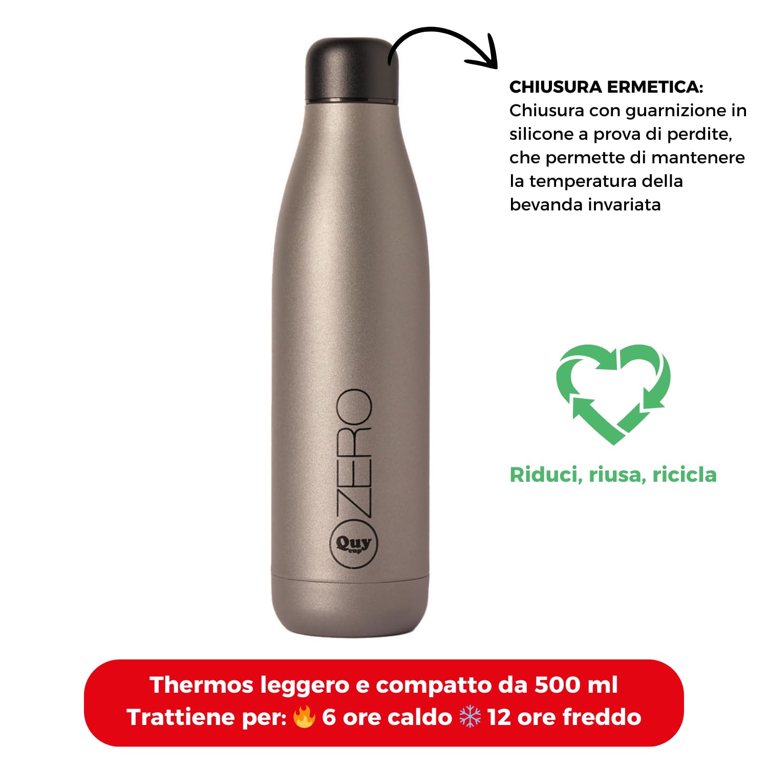 ROMINOX Recta - Tazza termica da 500 ml, colore nero, per bevande calde, doppia parete isolante, pronta da bere su un pulsante, 500 ml; dimensioni: ca. 8 x 8 x 21,5 cm
