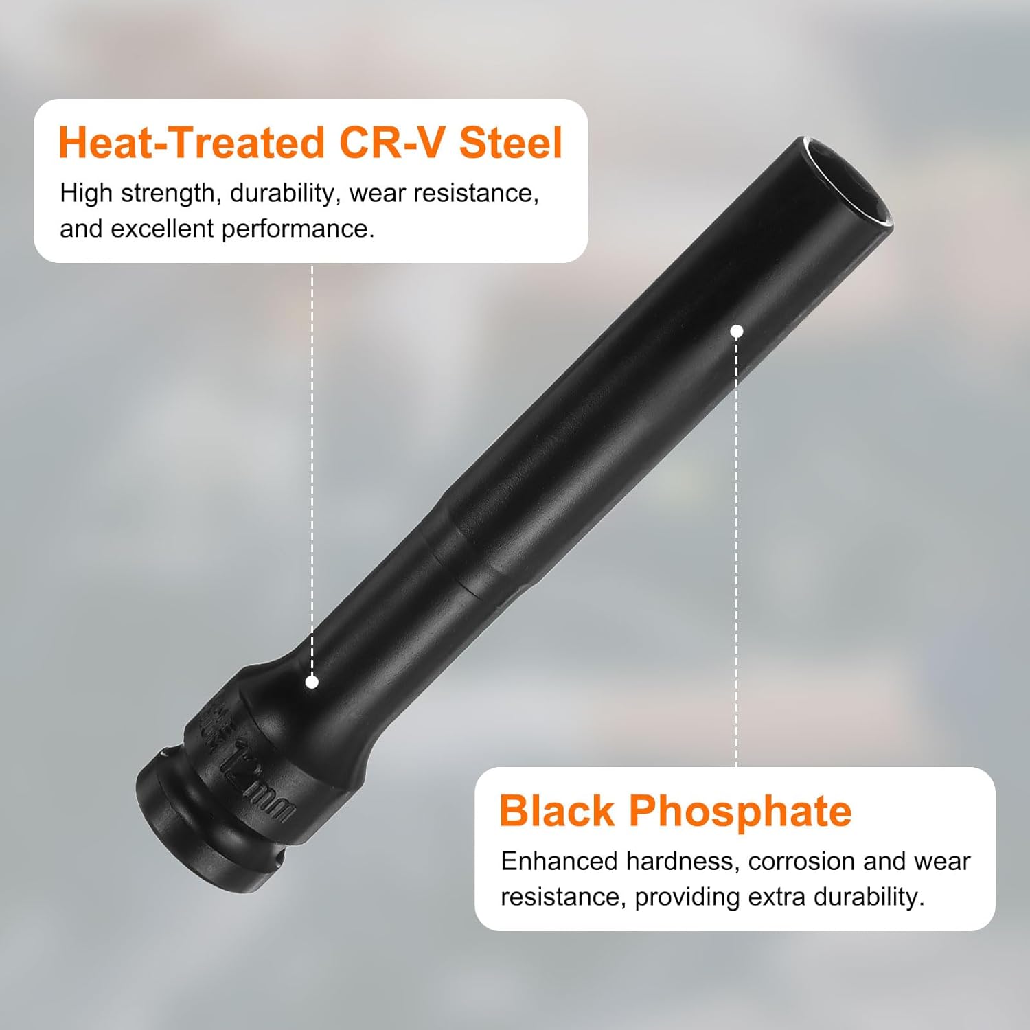 Generic Deep Thin Wall Impact Socket 12mm Metric 6 Point Socket 1/2" Square Drive 5" Extra Long Phosphated CR-V Steel Industrial Grade Spindle Axle Nut Socket, Black