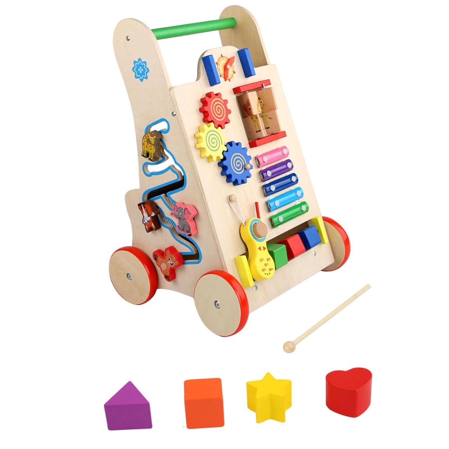 Wooden Walkers Toy with Blocks Push and Pull Toy Walking Aid Toy with Wheel Wooden Push Walker Toy Activity Center for Kids