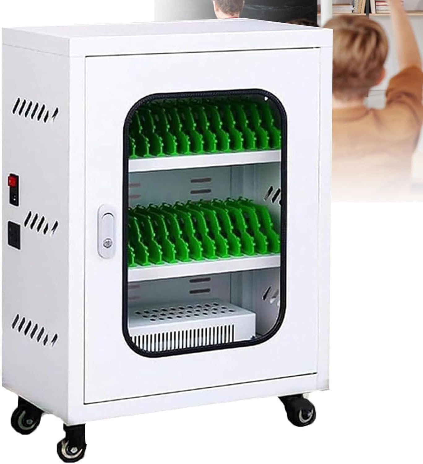 Portable Mobile Storage Cabinet with USB Charging Rechargeable On Wheels for Students and Professionals 30 Slots for Devices,
