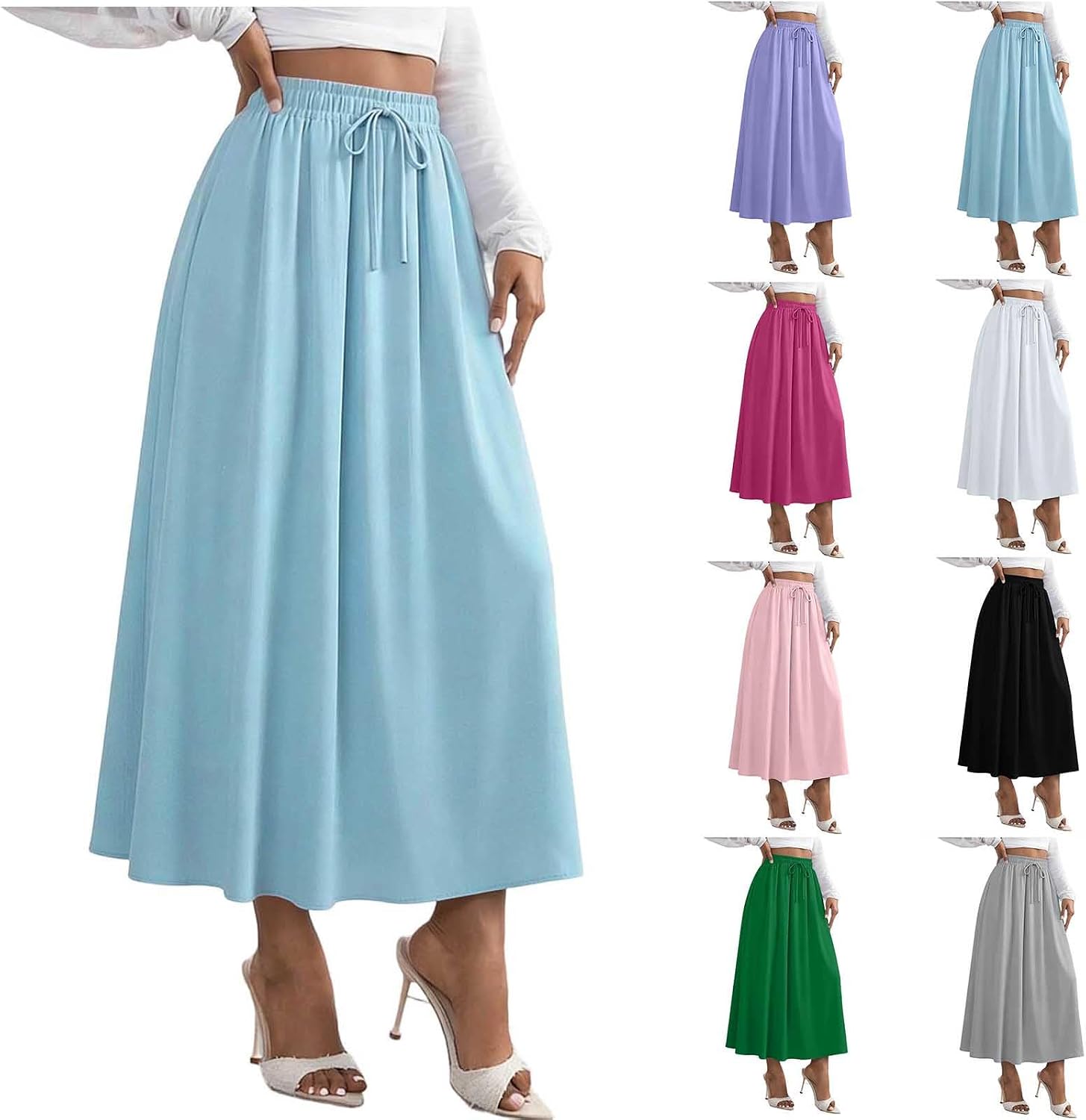 Flowy Skirts for Women Elegant Aline Flowy Summer Skirts High Waisted Drawstring Skirt Beach Vacation Long Skirt