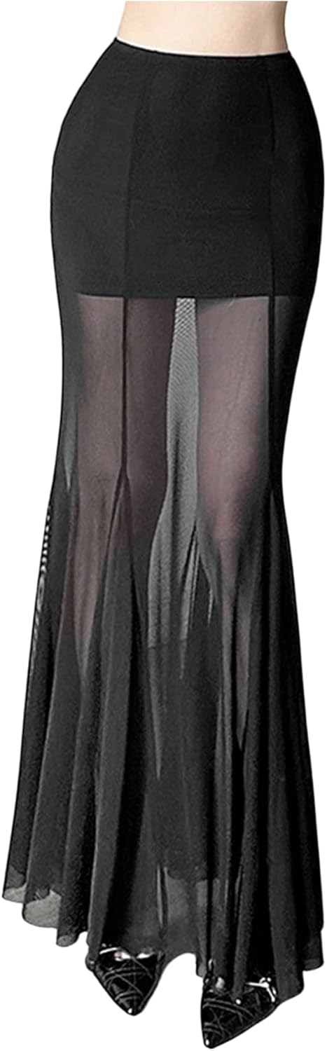 GORGLITTER Women's Ruffle Long Skirt Mesh Sheer Elegant Bodycon Coquette See Through Maxi Skirts