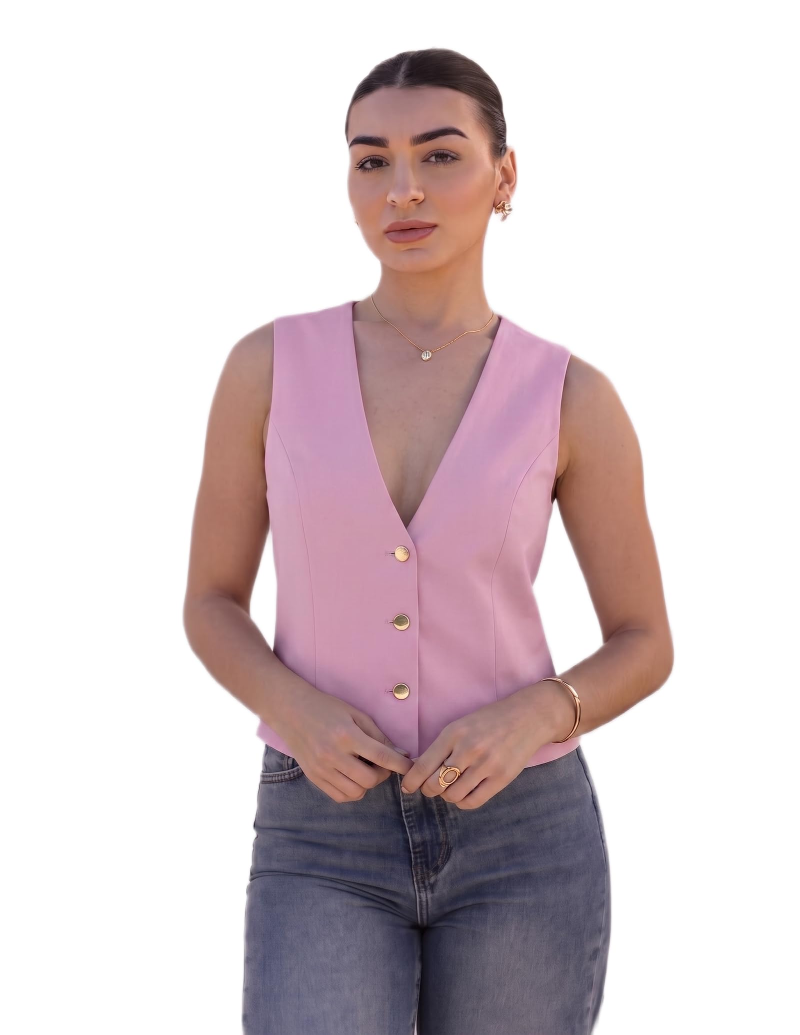 Women's Purple Sleeveless Waistcoat Vest Fitted Bodice V-Neck Button Top-image-4