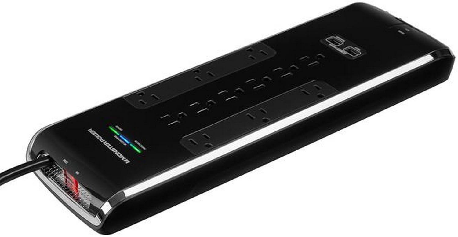 Monster Power - Black Platinum 1200 - 12 Outlets, 2 USB 3.4A, 3240 Joules, Ethernet over FireProof