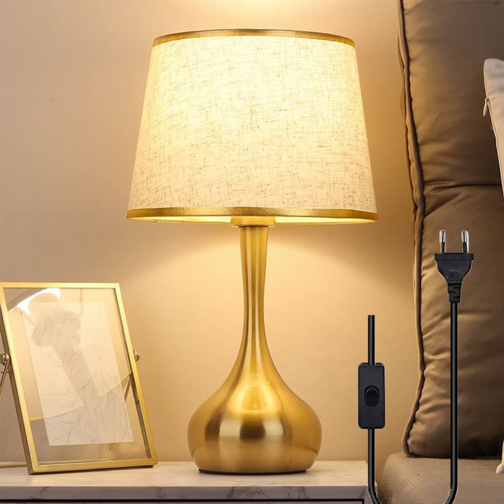 Lampada da Tavolo Oro in Metallo Satinato e Paralume in Tessuto Bianco Luce con Attacco E27 e Paralume in Stoffa Dorata Lampada da Comodino E27 Lampada da Scrivania Soggiorno Camera da Letto (Bianco)