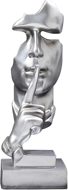 31cm Silence is Gold Thinker Statue, Modern and Simple Resin Things, Creative Abstract Figurine Sculptures for Entrance, Silver Color Morden Staues for Room Home, Office Study, Piano Decor(Silver)