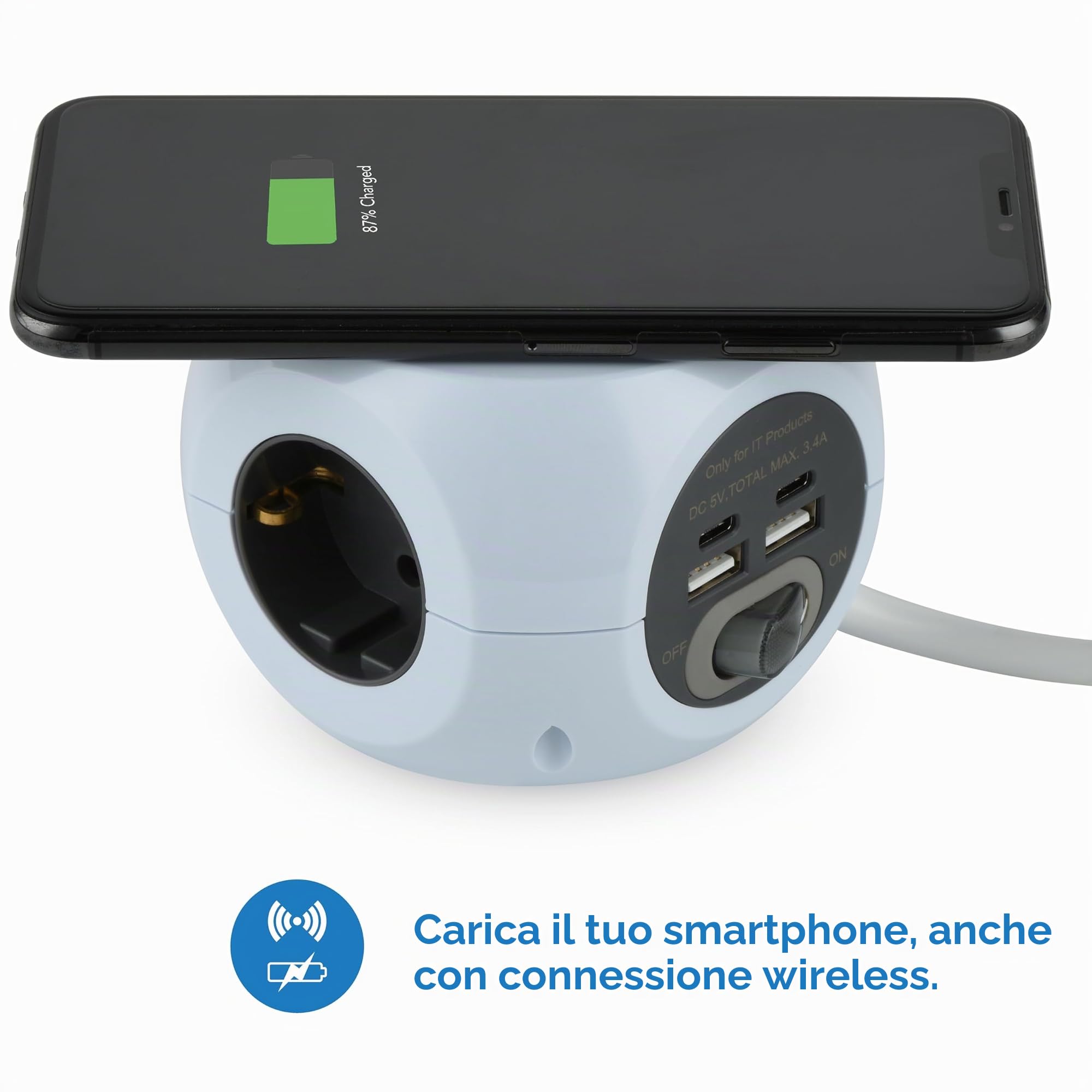 Electraline 62079, Multipresa Mini Cubo con Caricatore wireless rapido, Fast Wireless Charger Qi, con 3 porte USB 2.4A e 3 prese Schuko/tedesca, Cavo 1,5M, Spina Schuko/tedesca