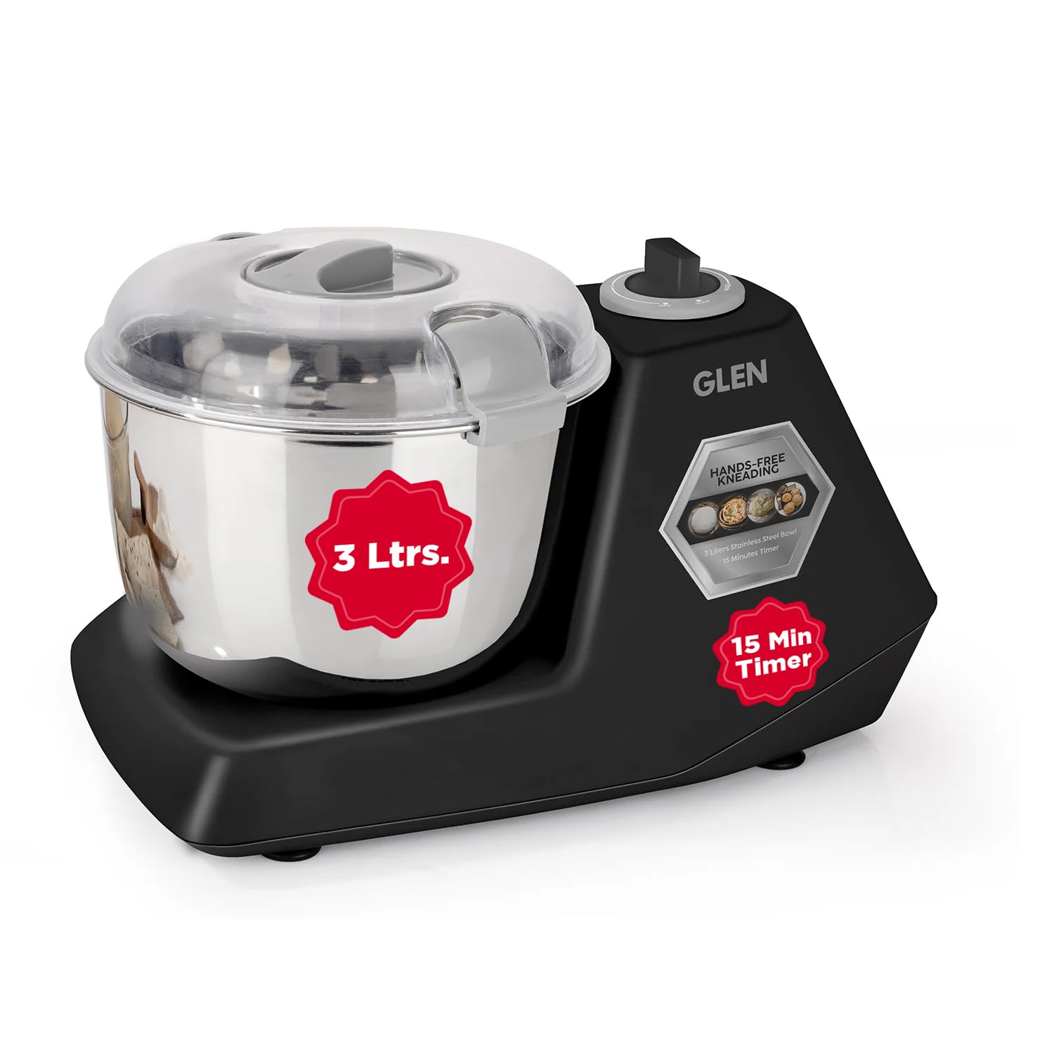 Glen Automatic Electric Atta Maker Machine, 3 Litre, 650W, Dough Kneader, Dough Mixer with Large Stainless Steel Bowl with Lid, Hands-free kneading -Black (SA-3032DMBL)-image-4