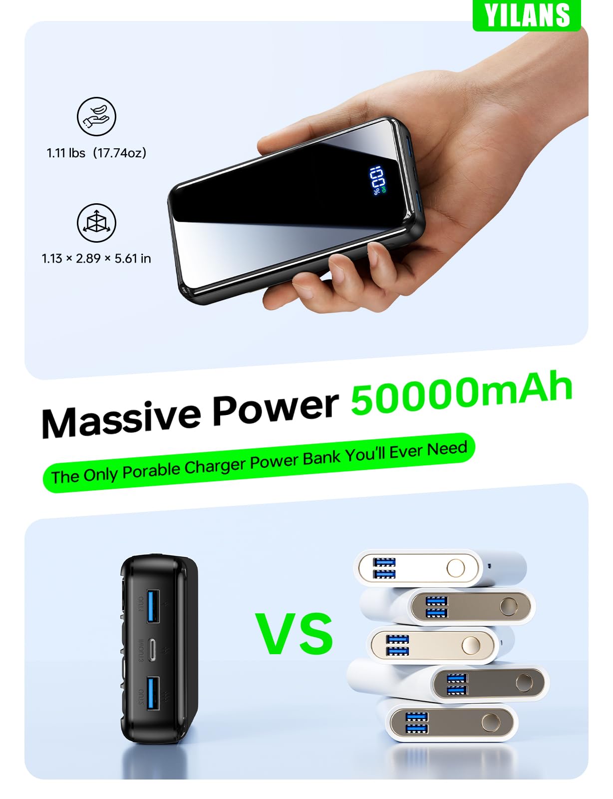 Portable Charger,50000mAh Power Bank Built-in Cable, 22.5W PD USB C In & Out Fast Charging, External Battery Pack with 6 Output & 2 Input, Travel Camping Essential for iPhone 17/16/15/14/13/12,Android