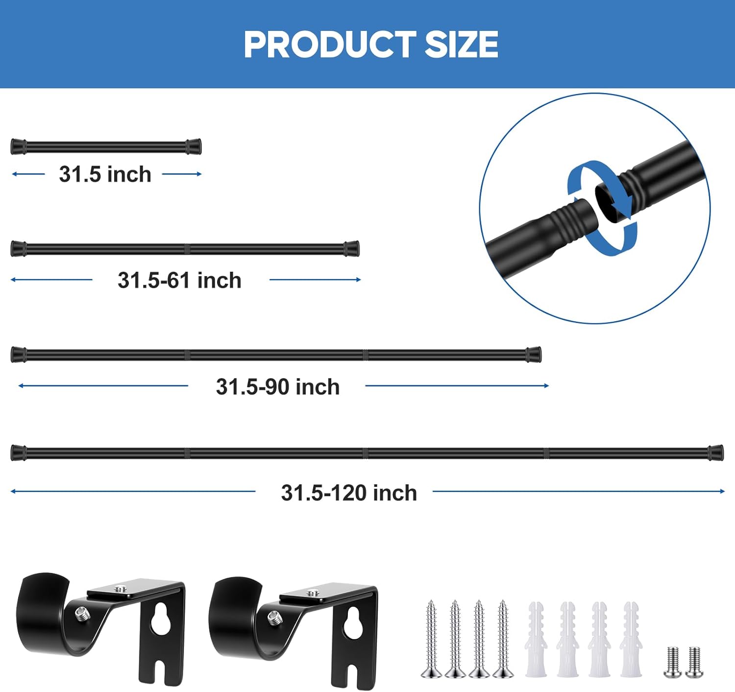 Heavy Duty Curtain Rods for Windows 31.5"-120", 1 Inch Adjustable Curtain Rod Set with Brackets, Metal Drapery Rod for Bedroom, Kitchen, Living Room 25LMG120BLK