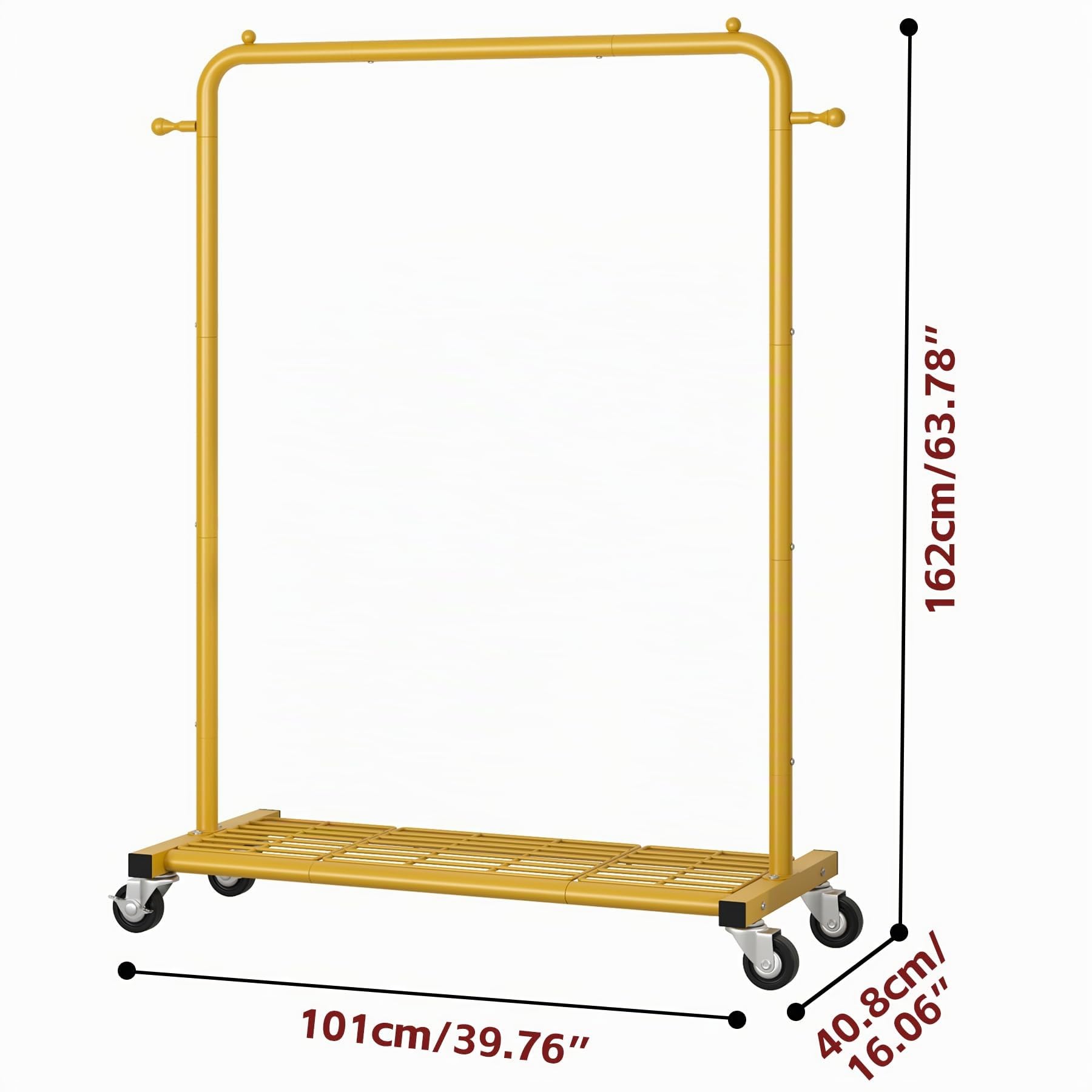 Sywhitta - Perchero con ruedas y estante inferior de malla, estructura metálica resistente, para ropa, abrigos y faldas, 101 x 40,6 x 164 cm (largo x ancho x alto), dorado