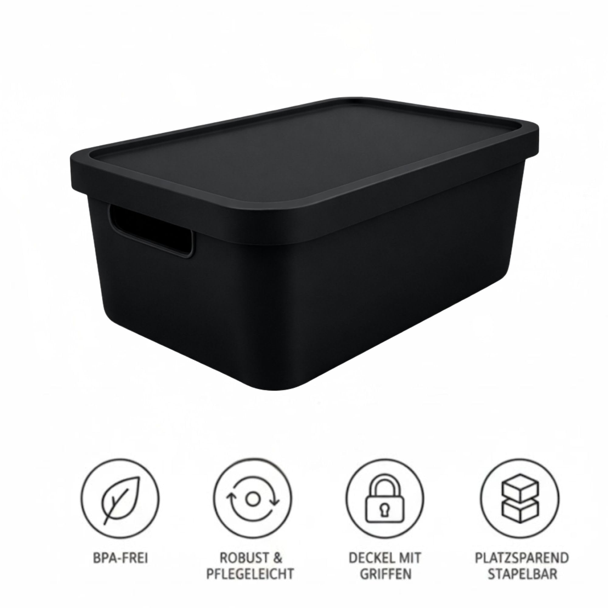 Plastard Aufbewahrungsbox mit Deckel 4er-Set 31 Liter in Schwarz | BPA-Freie Ordnungsbox für Küche, Bad, Büro, Kinderzimmer, Robuste Stapelbare Kunststoffbox, 46 x 34 x 26 cm, Ordnungskiste