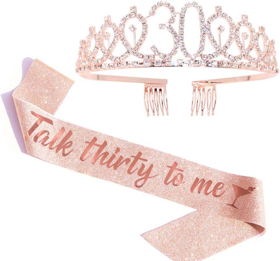 "Talk Thirty to me" Sash & Rhinestone Tiara Set - 30th Birthday Gifts Rose Gold Glitter Birthday Sash for Women Birthday Party Favors