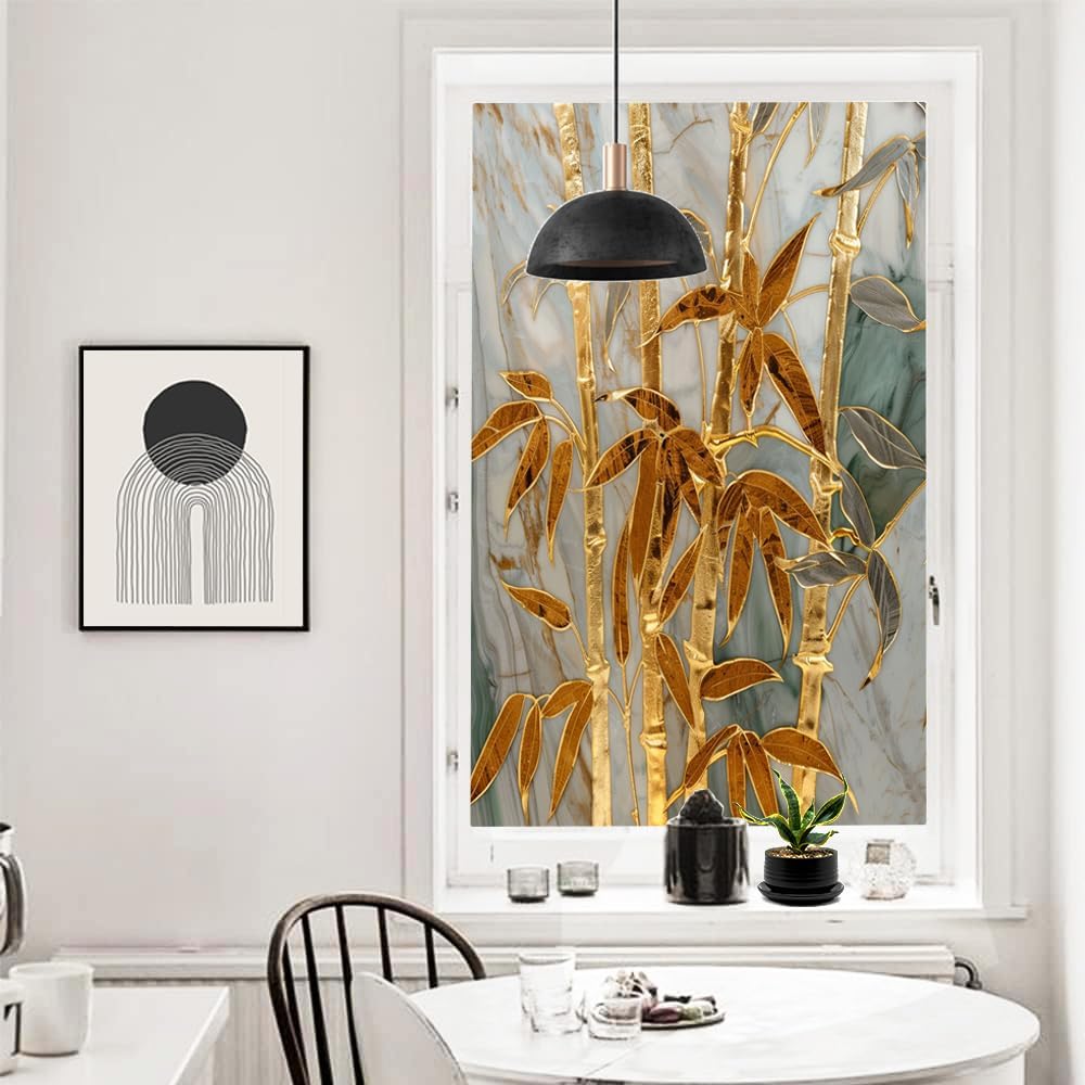 Modern Golden Bamboo Frosted Stained Glass Window Film Watercolor Plant Pictures Privacy Window Film Self-Adhesive Glass Sticker for Home Office Decorative 27.6Wx47.2L inch