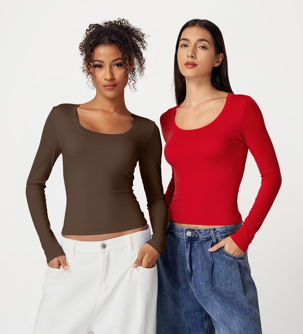 QINSEN Women's Crew Neck Long Sleeve Crop Top Double Lined Slim Fit Y2k T Shirts - Image 4