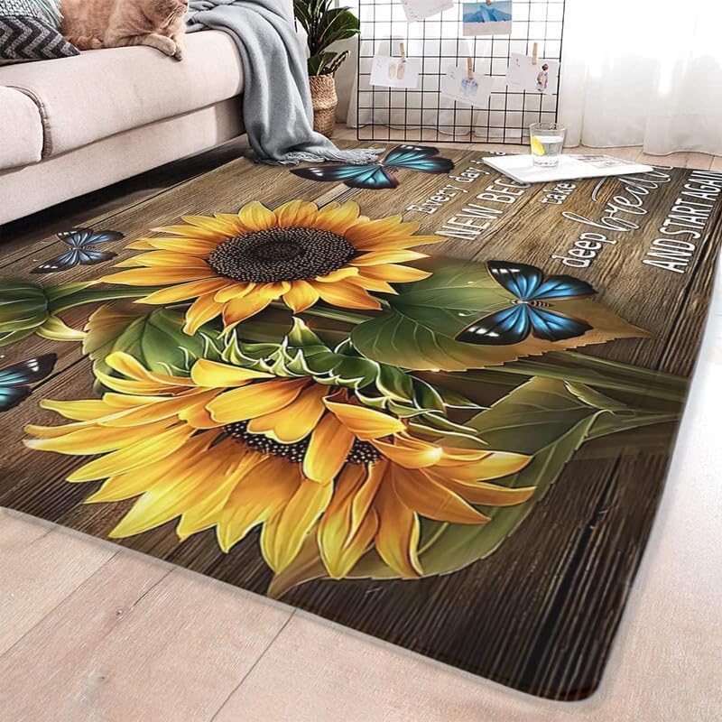 Area Rug,Butterfly Sunflower on Wooden Board Non Slip Mat Area Rug Runners Floor Carpet for Kitchen Bedroom Living Room Children's Room Decoration,Farmhouse Decor 63x94inch