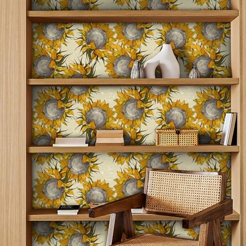 Papel pintado floral vintage autoadhesivo de 17.5x78.8 con girasoles amarillos 5