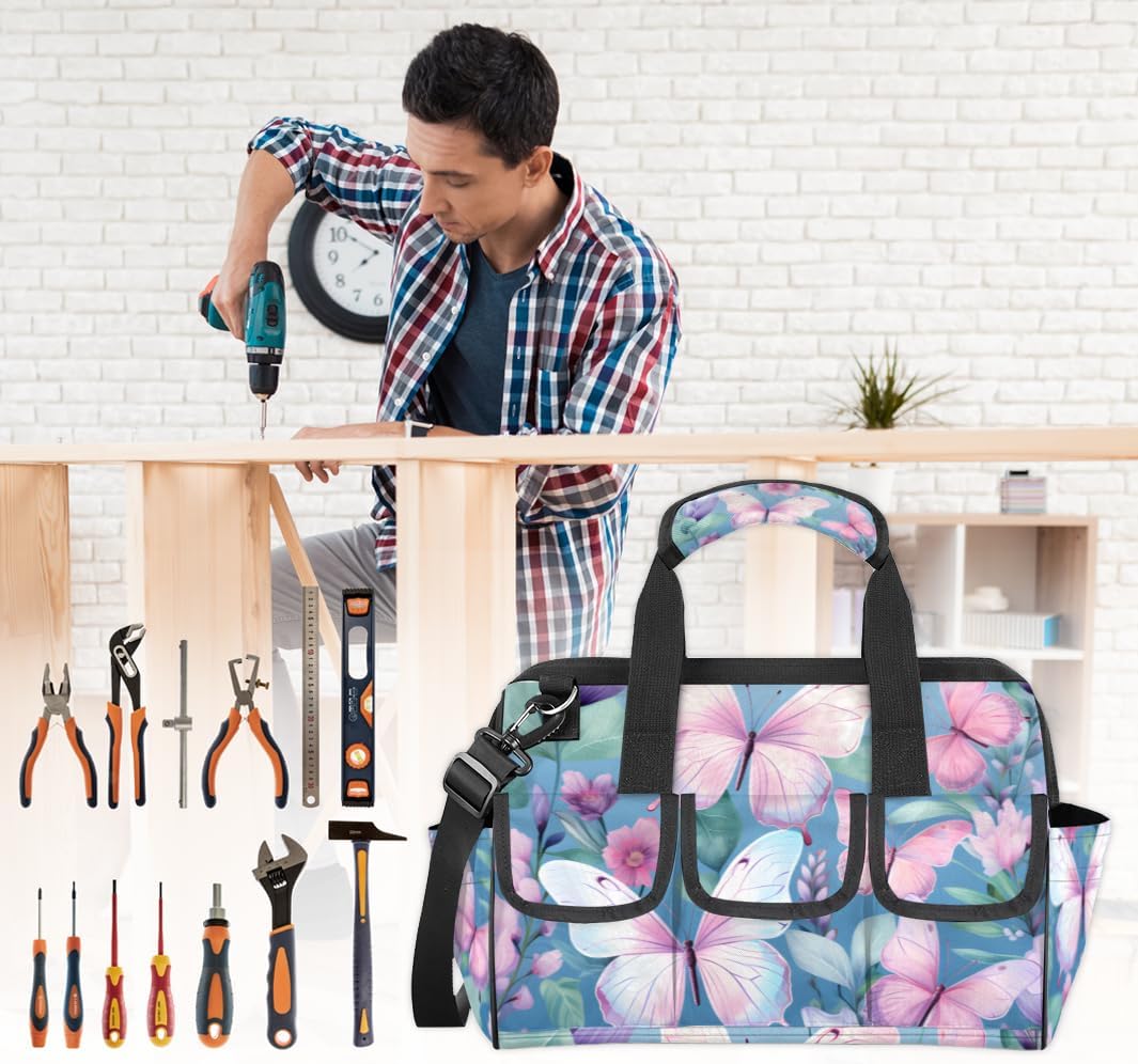 Pink Cute Butterfly Tool Bag with Multi-Pockets Wide Mouth Tool Tote Bag for Women and Men Waterproof Tool Organizer Storage Bag with Adjustable Shoulder Strap and Ergonomic Handle