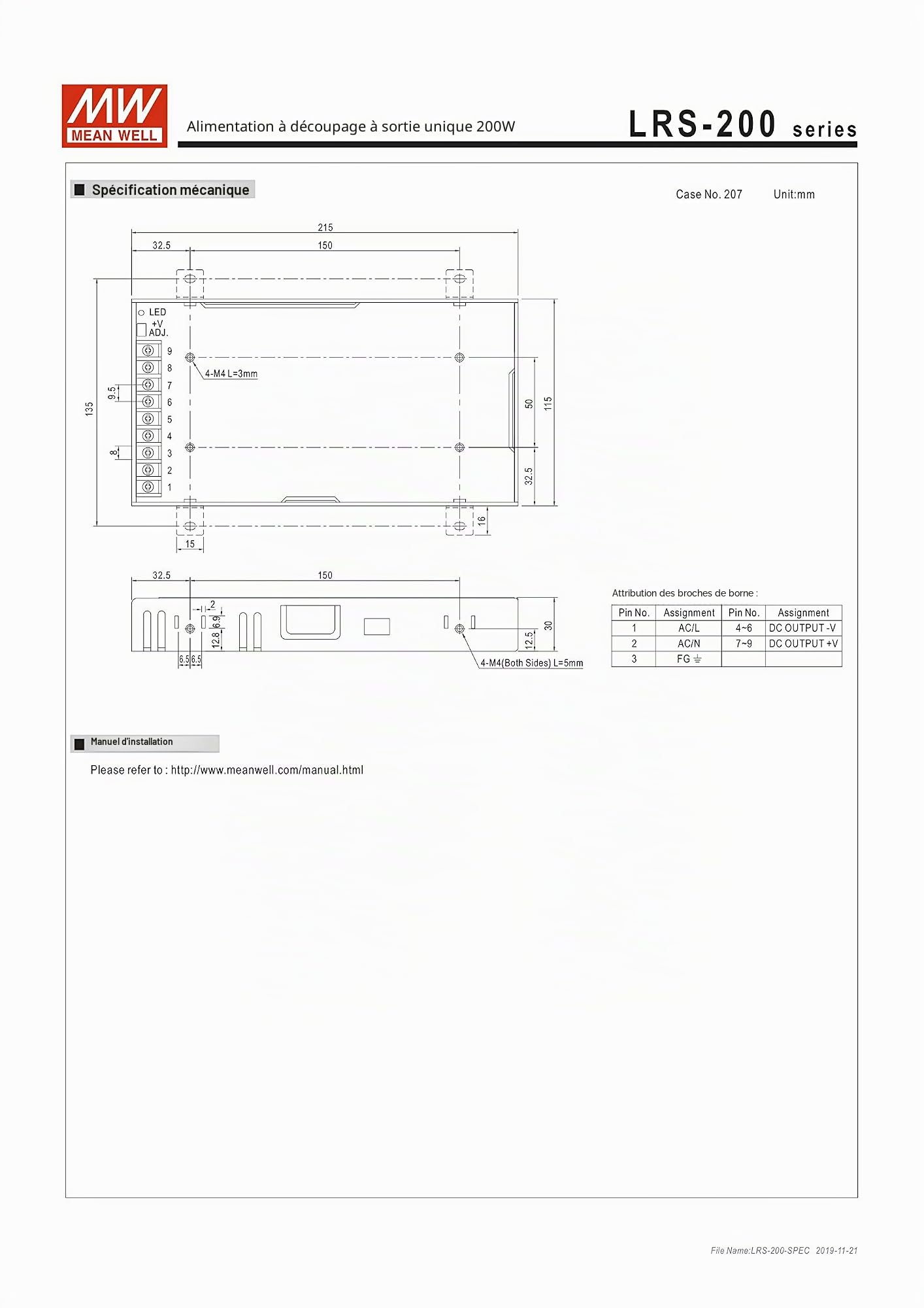 Mean Well LRS-200-24 Bloc d'alimentation 211 W 24 V 8,8 A plat 30 mm 1HU Boîtier métallique encastrable