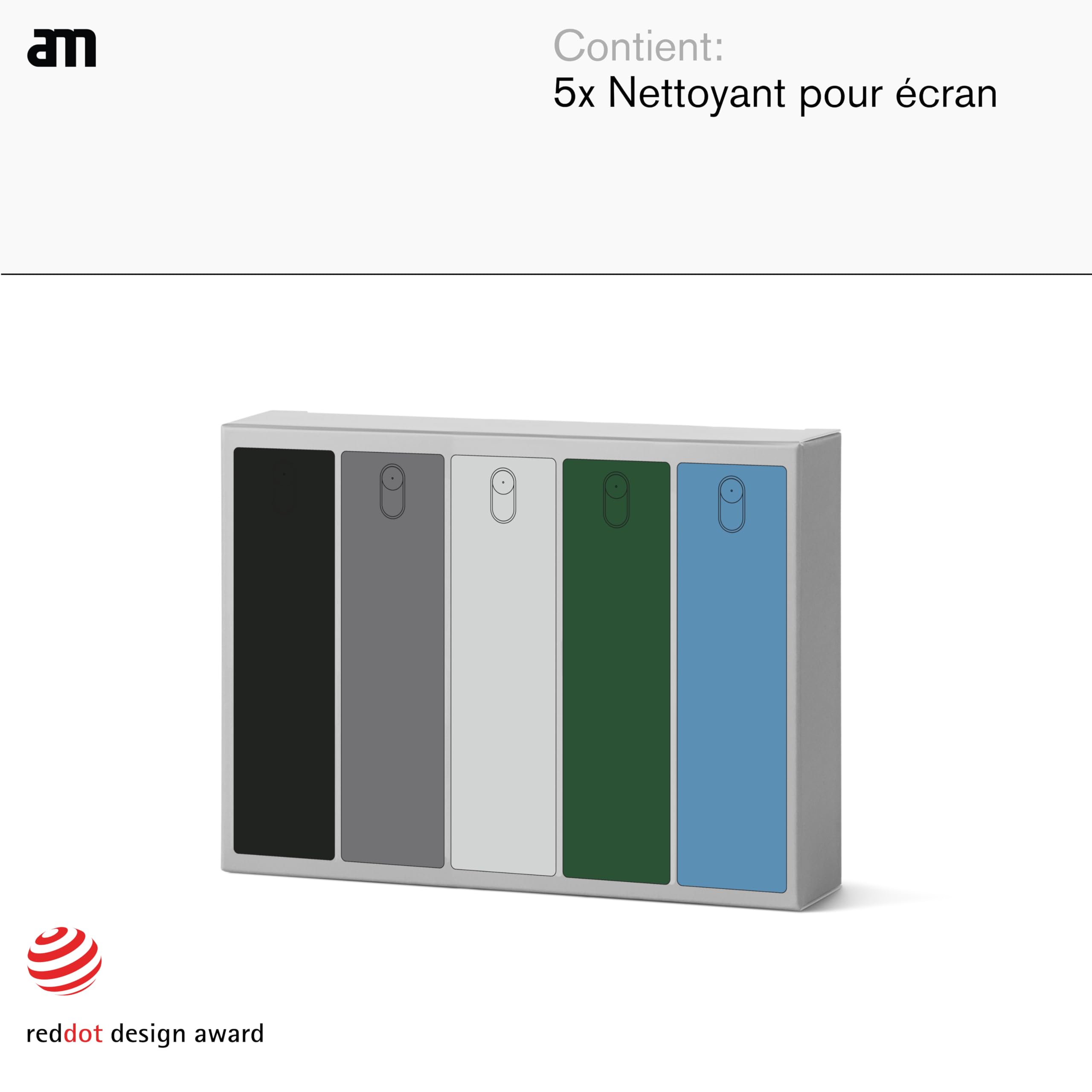am Nettoyant Écran Portable 2 en 1 Chiffon Microfibre - 10,5 ml - Kit Nettoyage Voiture Pour Smartphones, Lunettes, Tablettes, Écrans TV et Ordinateur, Noir, Gris, Gris Clair, Vert, Bleu, 5 Pack