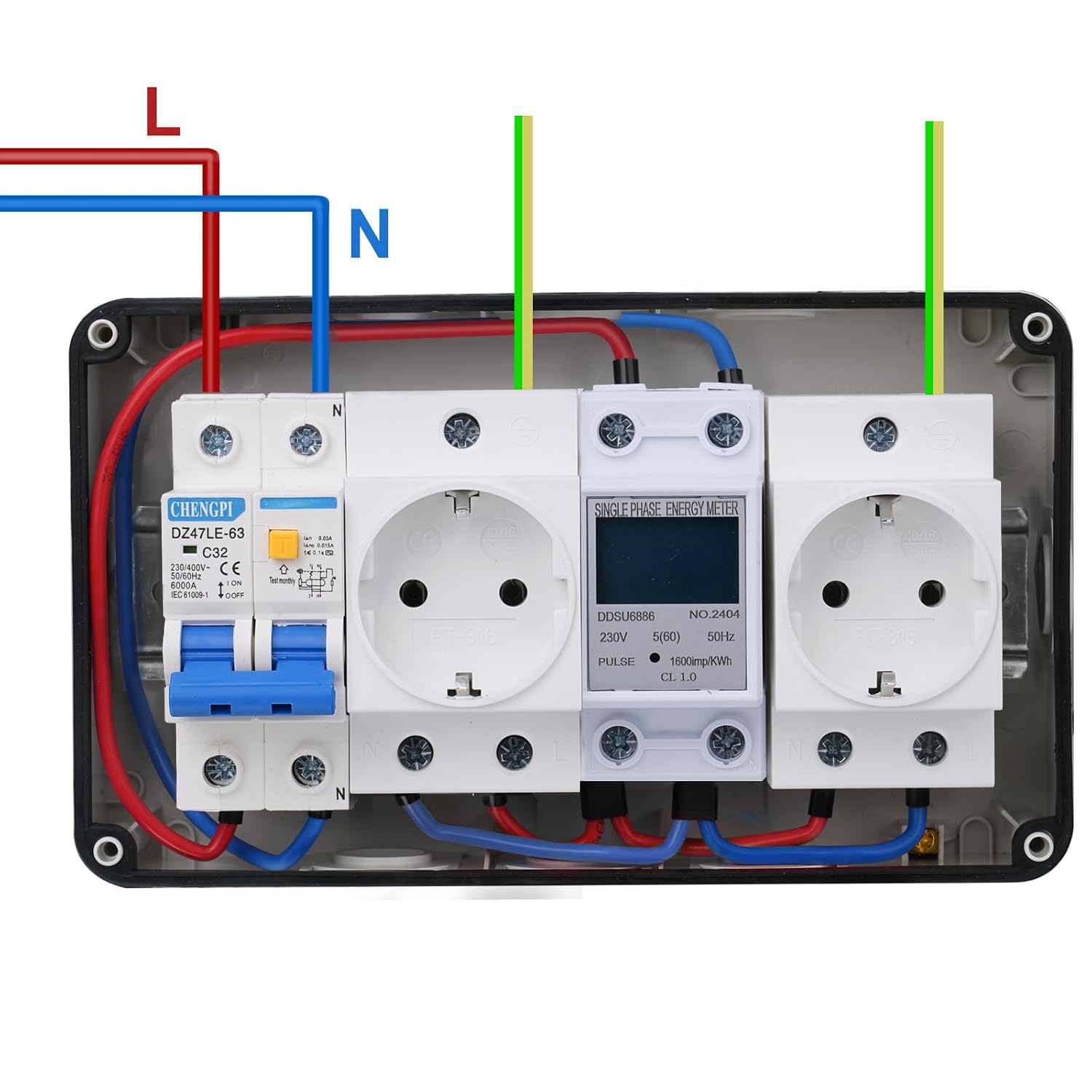 Verteilerkasten Aufputz mit Stromzähler,Kleinverteiler Aufputz Complete with Leckschutz 16A and Socket,Surface-Mounted Distribution Box wasserdichte IP66|8 Modules