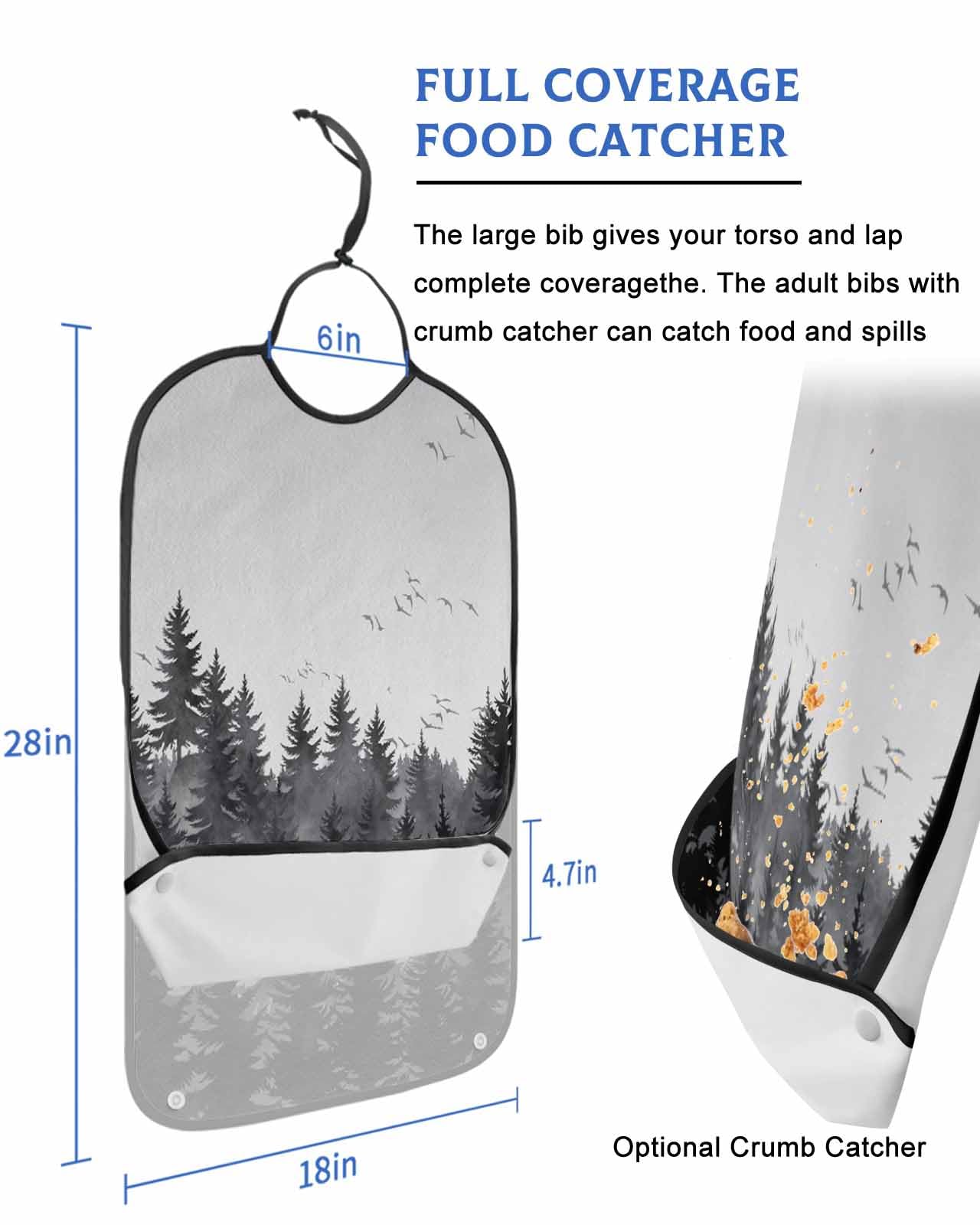 LEOKOTI Black Grey Forest Adult Bibs for Eating, Waterproof Bibs with Food Catcher & Adjustable Snap Closure, Rustic Pine Tree Birds Farmhouse Washable Clothing Protectors Adult Bibs for Elderly