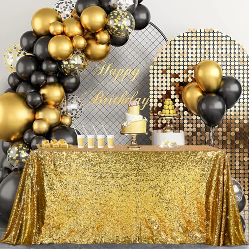 Image of Black Gold Sequin Tablecloth 60x102 Inch Sequin Rectangle Table Fabrics | Head Table Centerpieces for Valentines Cake Dessert Exhibition Party Birthday Events Banquet