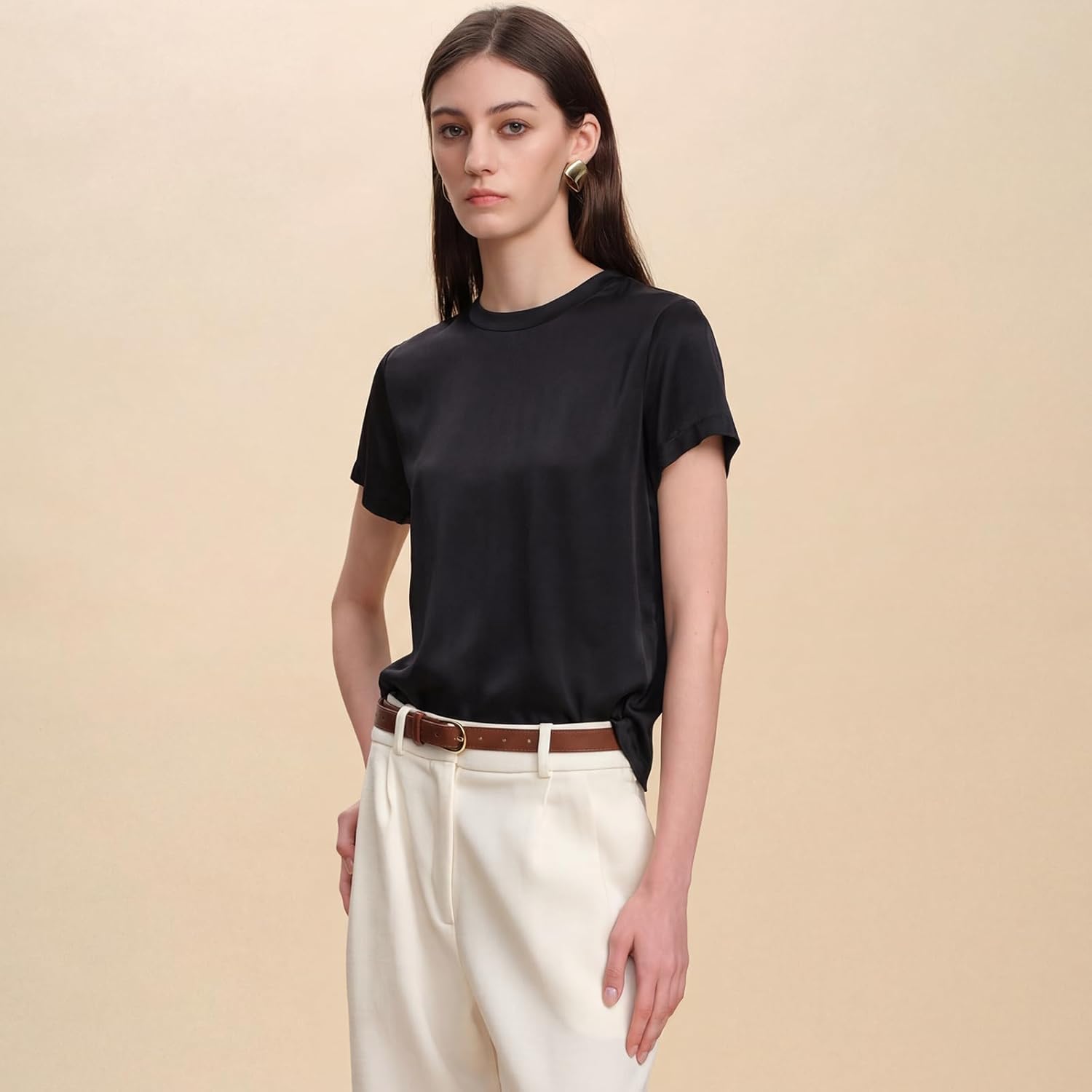 Women 100% Silk Tee Shirts Short Sleeve Striped T-Shirt Summer Business Casual Mulberry Silk Tshirts Crewneck Tops - Image 6