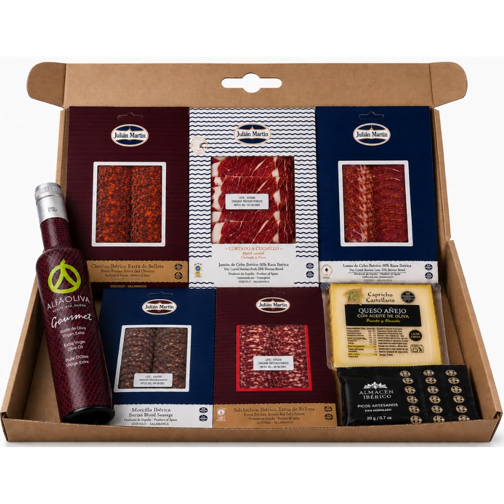 Cesta Gourmet - Jamón Ibérico Cortado a Cuchillo y Embutidos Loncheados de Guijuelo con Queso Añejo Leche Cruda (200g) – Pack Gourmet (5x100g) con AOVE (500ml) y Picos – Cesta Ideal para Tapas