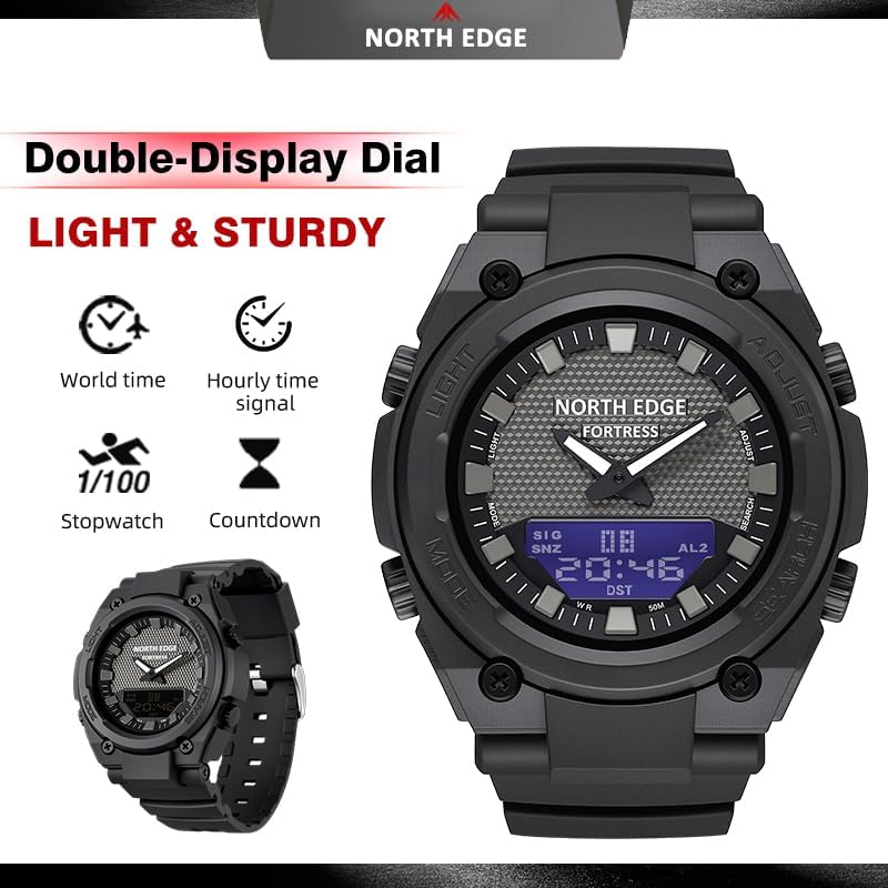 NORTH EDGE Fortress watch showing the double-display dial and button labels.