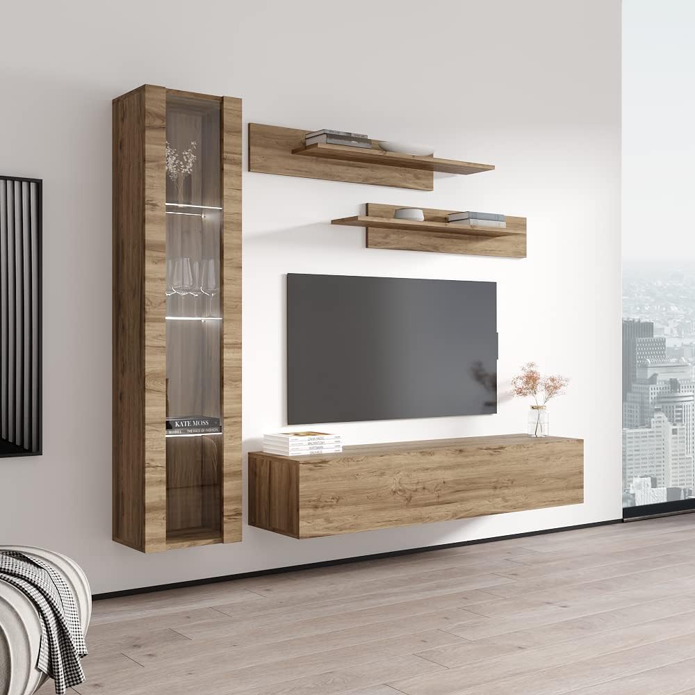 Meble Furniture Fly G3 30TV Stand Wall-Mounted Entertainment Center — Floating Design with Storage Shelves and LED Lighting — Modern High Gloss Finish, 59.1 x 15.7 x 14.6 inches — Oak