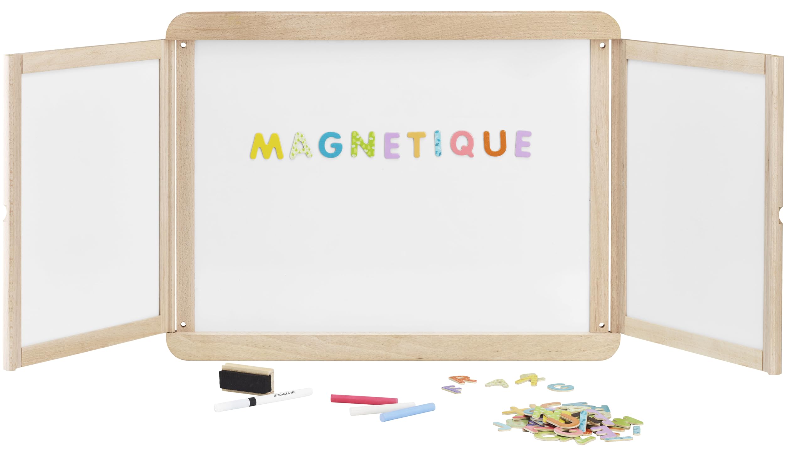 Jeujura - Tableau Mural Triptyque Magnétique - Ardoise Centrale Blanche Magnétique Deux Volets avec Face Blanche et Face Craie - Nombreux Accessoires - Made in France - À partir de 3 Ans - 8807