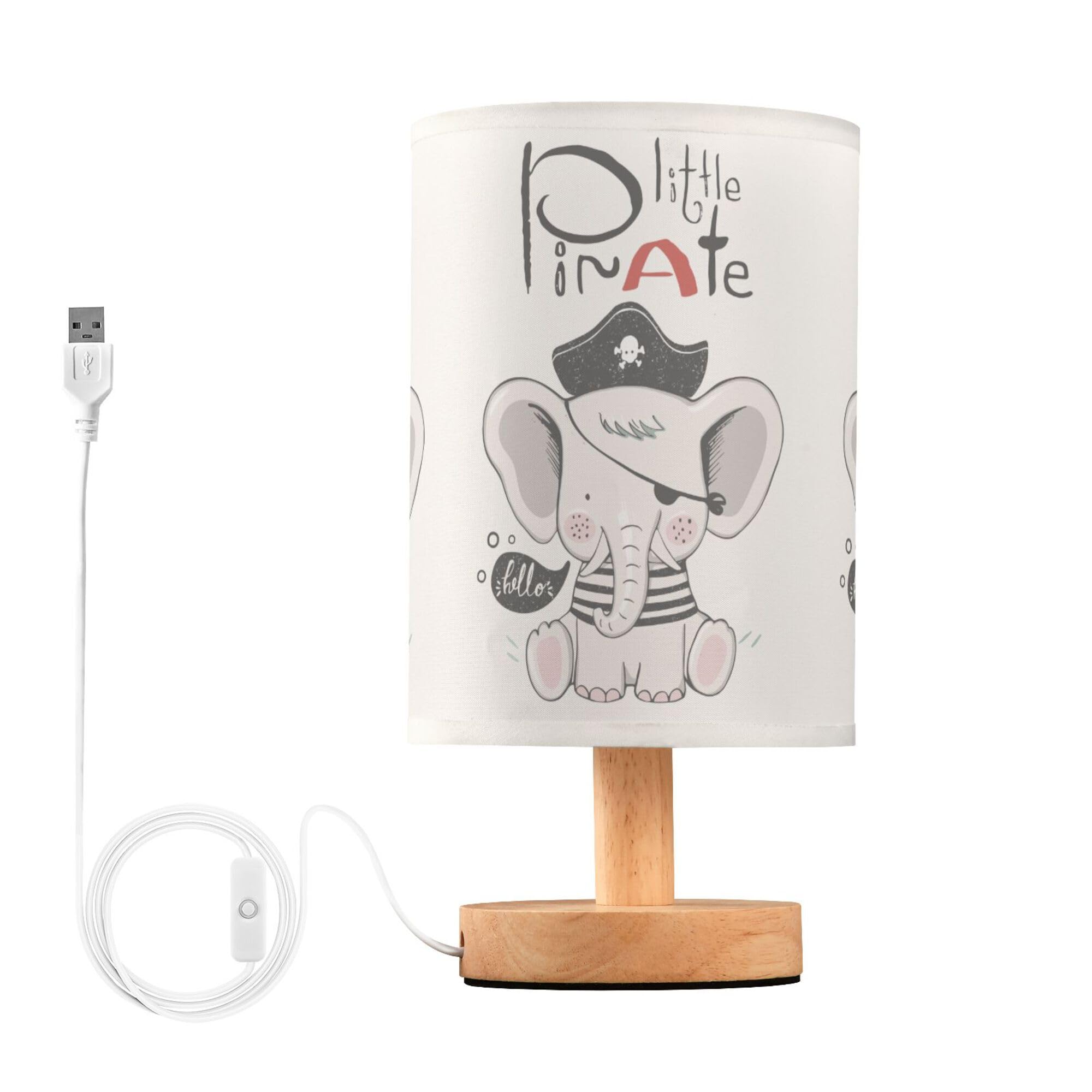 YYZZH Table Lamp Cute Elephant in Pirate Suit Ocean Bubble Nautical Theme Nightstand Lamp with Wood Base Fabric Lamp Shade Bedside Desk Lamp for Living Room Bedroom Kids Room Office