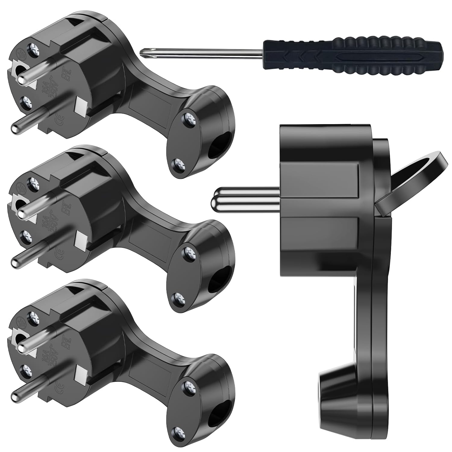 Schuko Plug Flat Flat Plug Angled Plug 230 V Power Plug with Folding Handle Protective Contact Plug Splash-proof and Durable IP44 Shatterproof Black 4 Pieces Black