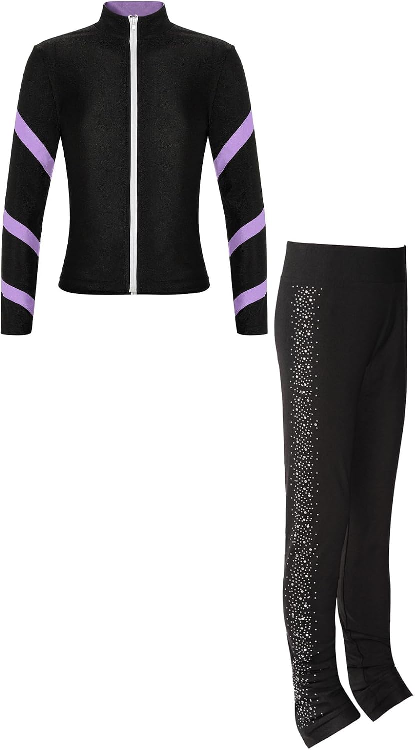 Hansber Kids Girls Figure Skating Jacket Pants Set 2 Piece Tracksuit Ice Skating Practice Tights Leggings Sports Outfits