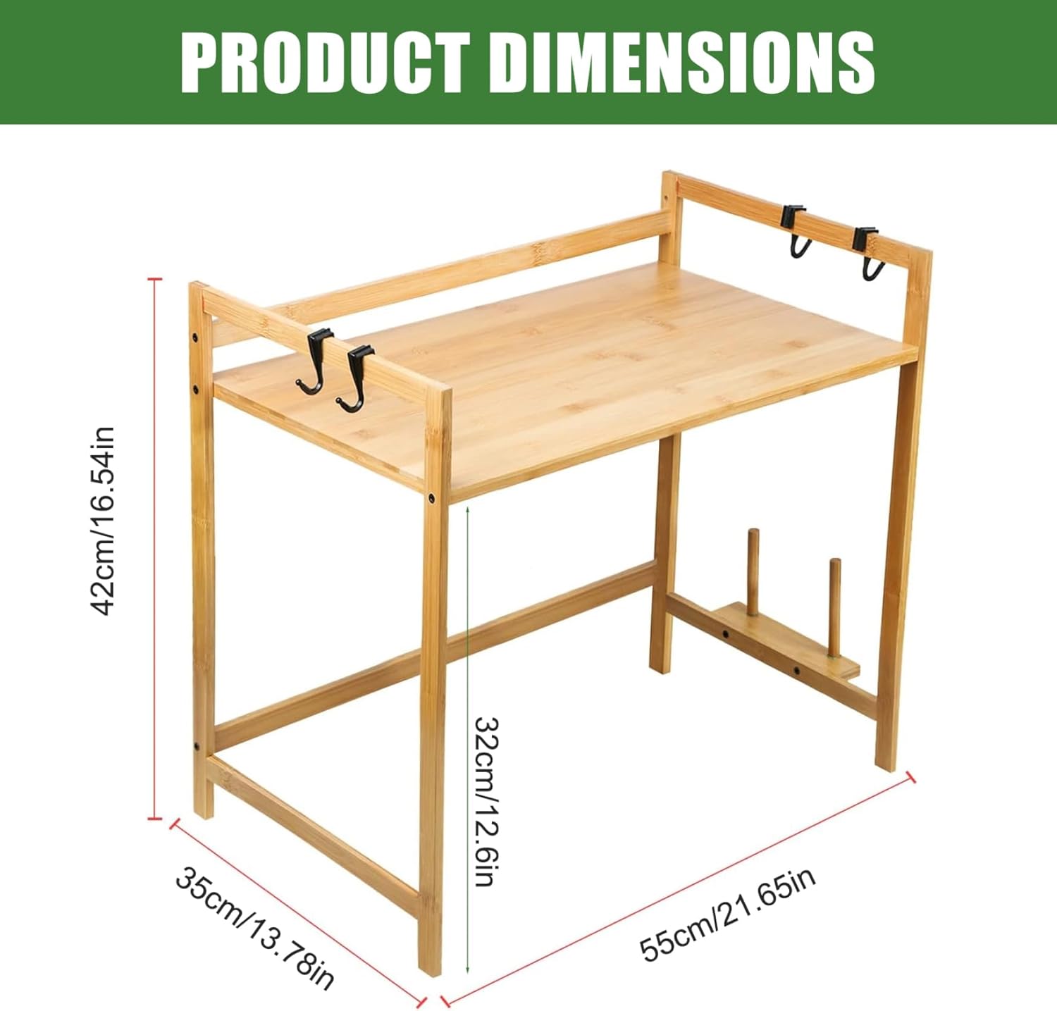 Microwave Shelf, Microwave Oven Rack 22x14x16.5 Inch Dual Layer Bamboo Stand with Chopping Board Slot & 4 Hooks for Kitchen Countertop, Stand