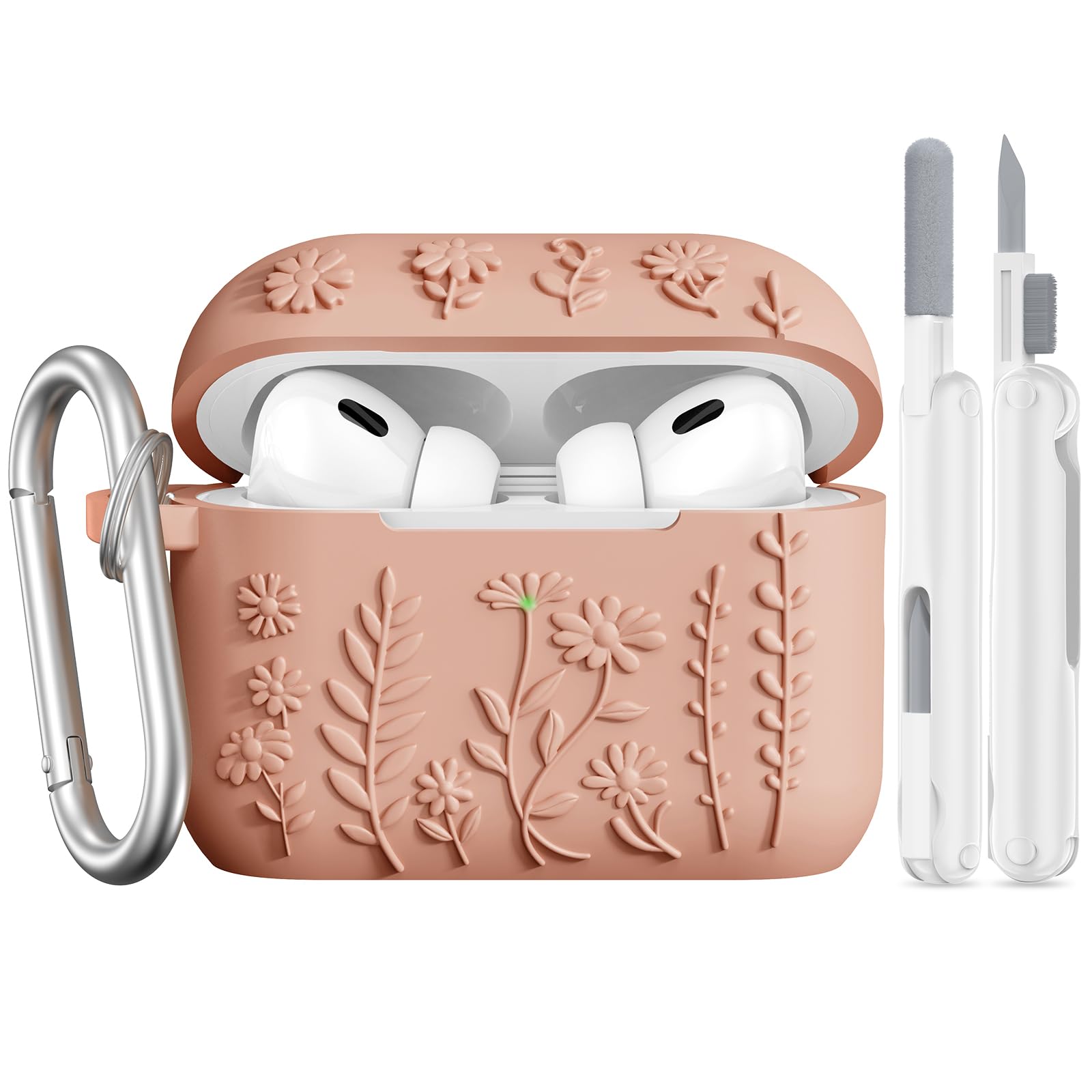 AIRSPO Airpod Pro 2nd Generation Case, 3D Floral Embossed Soft Silicone Protective Cover with Cleaner Kit for Apple Airpods Pro 2nd 1st Gen Case with
