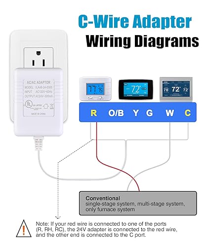 Miniatura 4 de Transformador de 24 voltios, termostato adaptador de cable C, compatible con termostatos inteligentes y fuente de alimentación de timbres (cable de