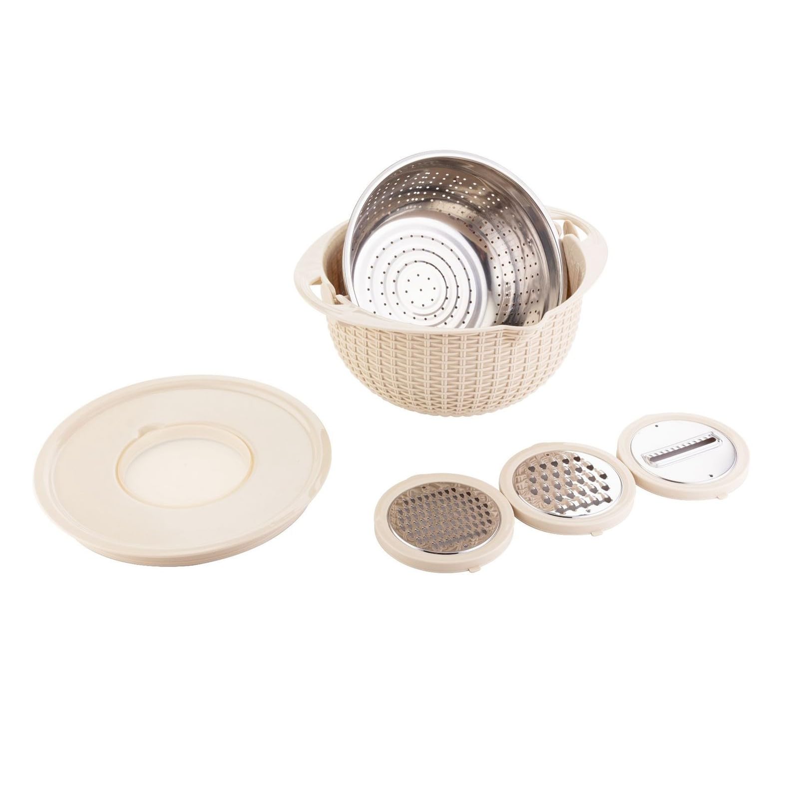 Escurreplatos 4 1 colador con cuenco para mezclar, cuenco colador con cuchara medidora, frutas y alimentos, acero inoxidable, giratorio para cocina
