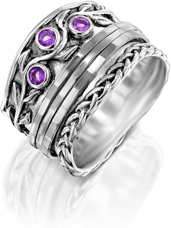 Paz Creations 925 Sterling Silver Spinner Rings for Women With Natural Gemstones - Hammered Pattern Thick Band - Handcrafted Artisan Jewelry - Fidget Rings - Gift For Her
