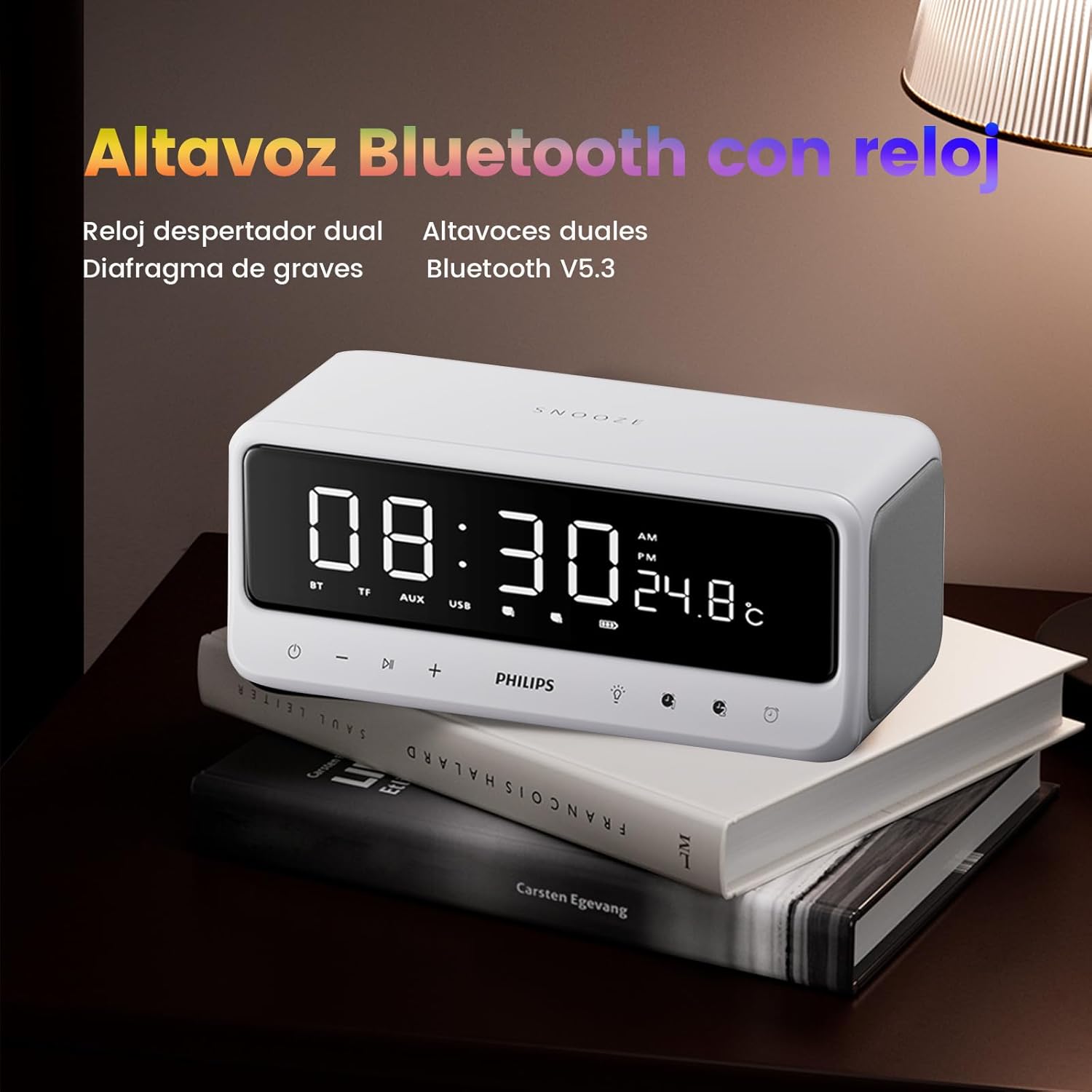 Philips Bluetooth speaker with dual alarm clock function, showing time and temperature.