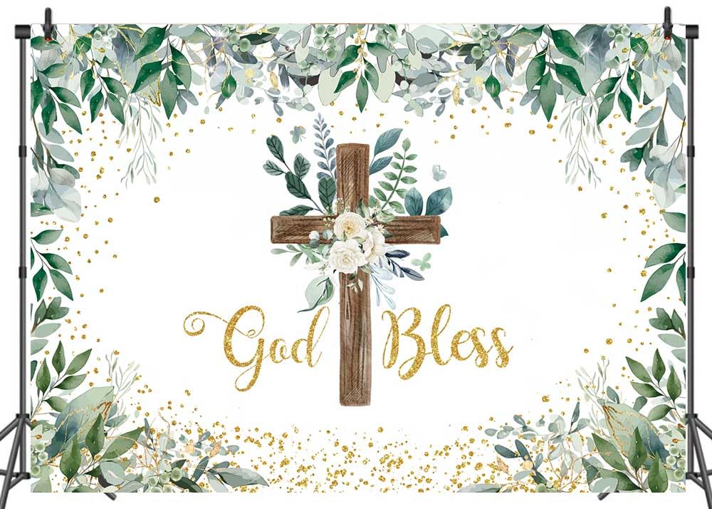 LTDKAEN Eucalyptus God Bless Backdrop Greenery Wooden Cross Baptism Photography Background Eucalyptus God Bless First Holy Communion Party Decoration(